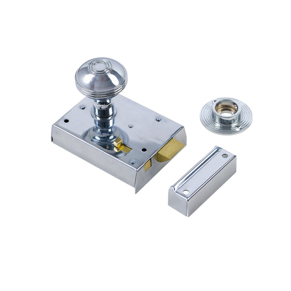  Ringed Door Knob Set - Polished Chrome On Polished Chrome Bathroom Rim Lock
