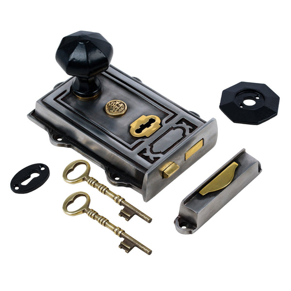  Image of Ornate Iron Rim Lock with Black Octagonal Door Knob Set