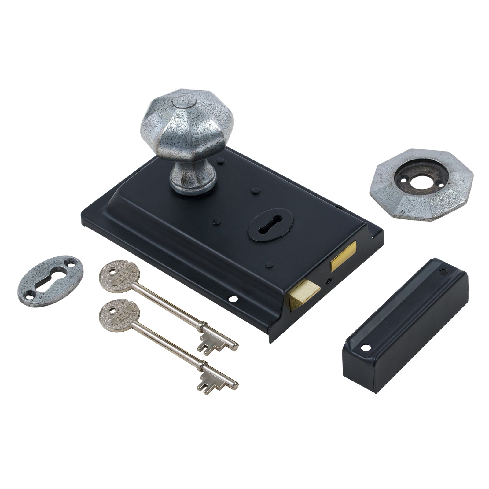 SHOW Octagonal Door Knob Set - Pewter On Black Rim Lock