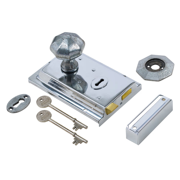 SHOW Octagonal Door Knob Set - Pewter On Polished Chrome Rim Lock