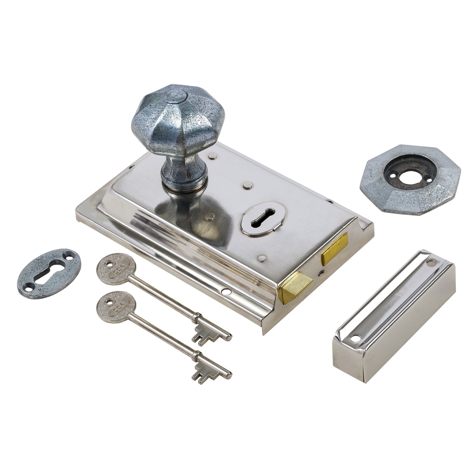 SHOW Octagonal Door Knob Set - Pewter On Polished Nickel Rim Lock