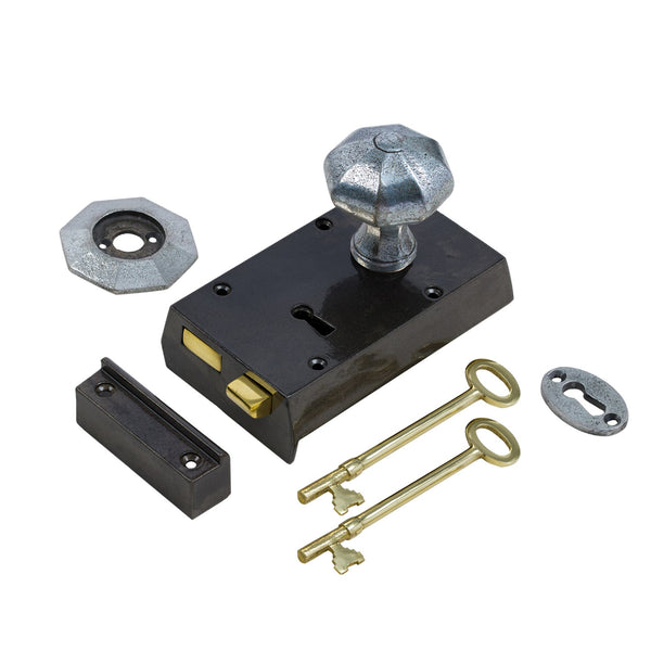  Right Handed Small Cast Iron Rim Lock With Pewter Octagonal Door Knob Set
