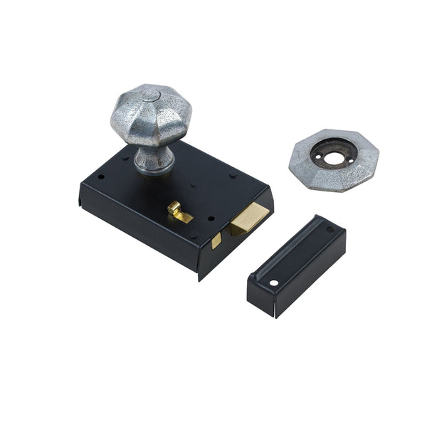 Octagonal Door Knob Set - Pewter On Black Bathroom Rim Lock