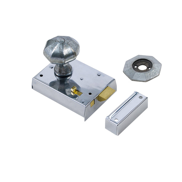  Octagonal Door Knob Set - Pewter On Polished Chrome Bathroom Rim Lock
