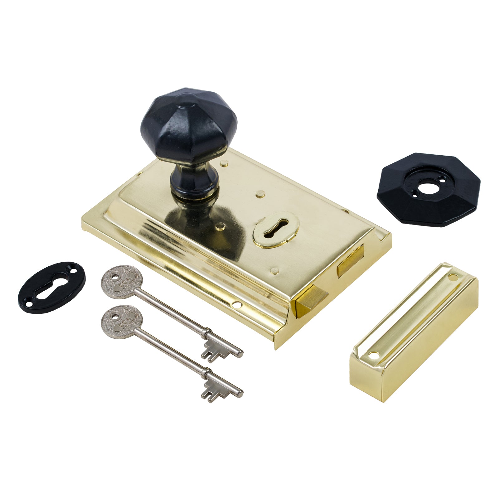 SHOW Octagonal Door Knob Set - Black On Polished Brass Rim Lock