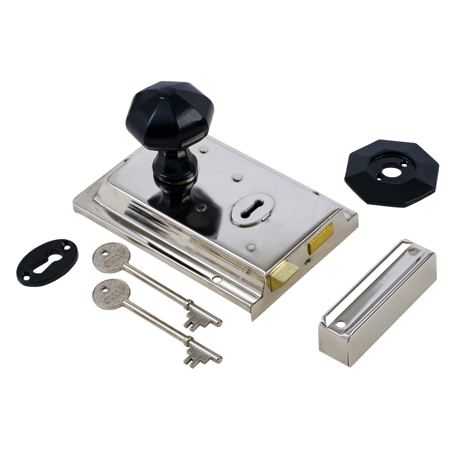SHOW Octagonal Door Knob Set - Black On Polished Nickel Rim Lock