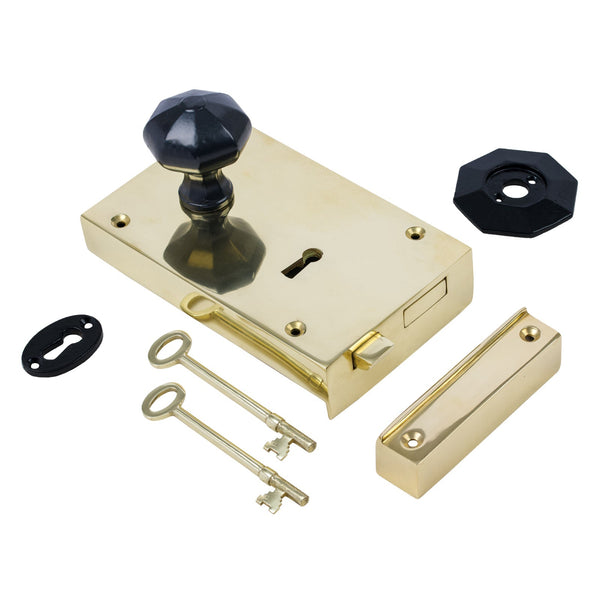  Left Handed Large Brass Rim Lock with Black Octagonal Door Knob Set