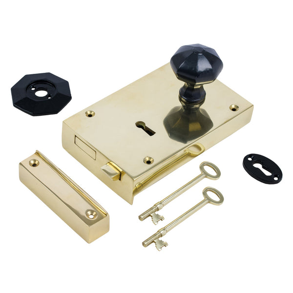  Right Handed Large Brass Rim Lock with Black Octagonal Door Knob Set