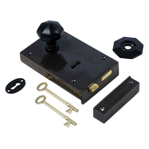  Left Handed Large Cast Iron Rim Lock With Black Octagonal Door Knob Set