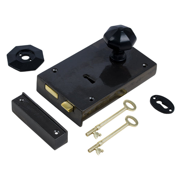  Right Handed Large Cast Iron Rim Lock With Black Octagonal Door Knob Set