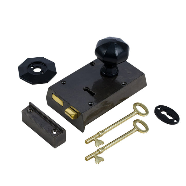  Right Handed Small Cast Iron Rim Lock With Black Octagonal Door Knob Set