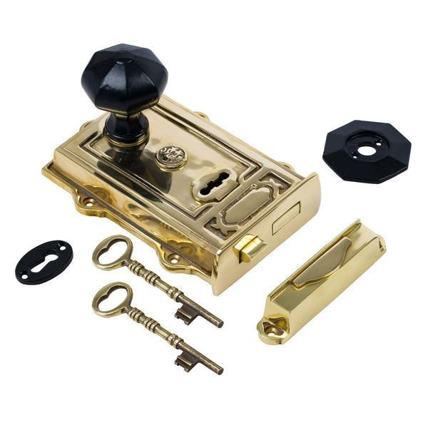  Image of Ornate Brass Rim Lock with Octagonal Door Knob Set