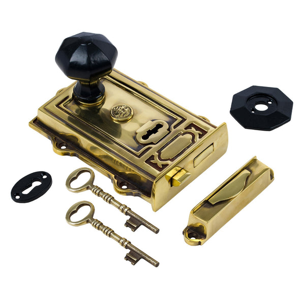  Image of Ornate Antique Brass Rim Lock with Octagonal Door Knob Set - Black