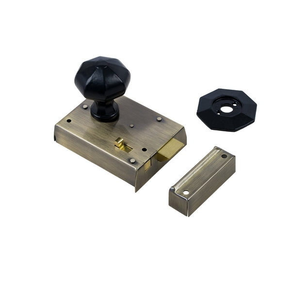  Octagonal Door Knob Set - Black On Antique Brass Bathroom Rim Lock