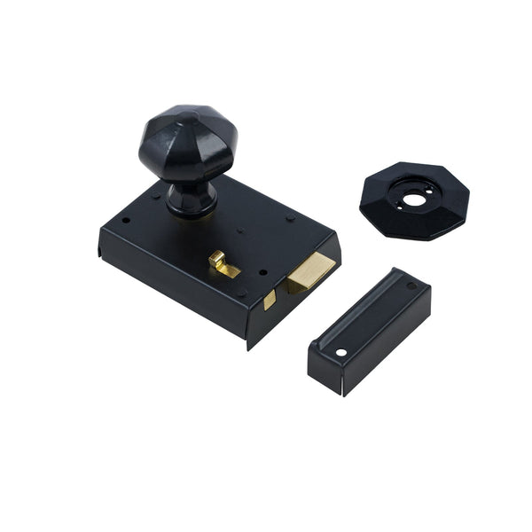  Octagonal Door Knob Set - Black On Black Bathroom Rim Lock