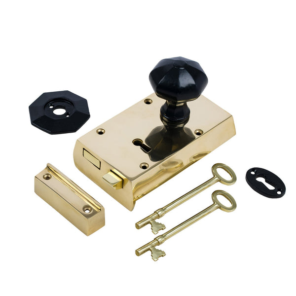  Right Handed Small Brass Rim Lock with Black Octagonal Door Knob Set