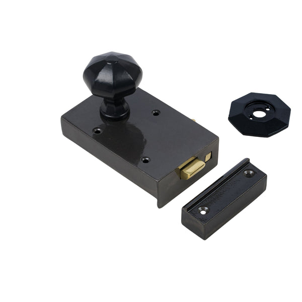  Left Handed Cast Iron Bathroom Rim Lock With Black Octagonal Door Knob Set
