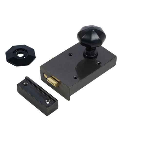  Right Handed Cast Iron Bathroom Rim Lock With Black Octagonal Door Knob Set