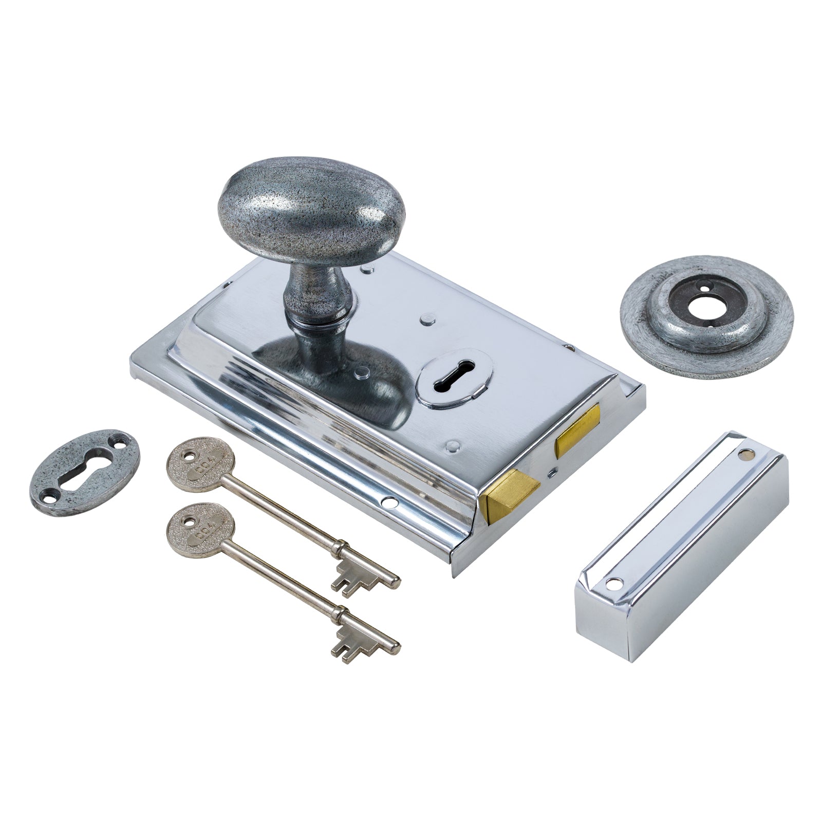 SHOW Oval Door Knob Set - Pewter On Polished Chrome Rim Lock