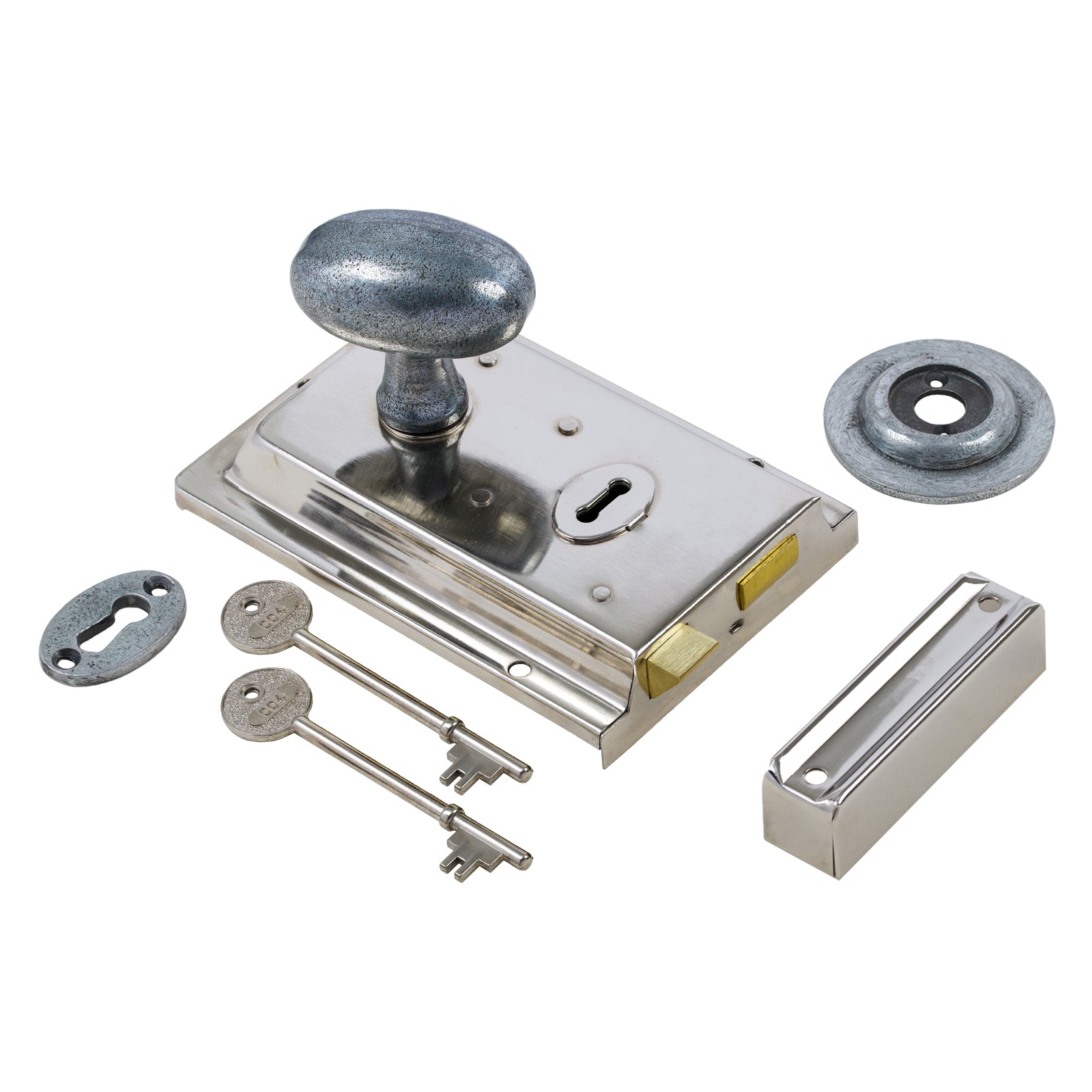 SHOW Oval Door Knob Set - Pewter On Polished Nickel Rim Lock