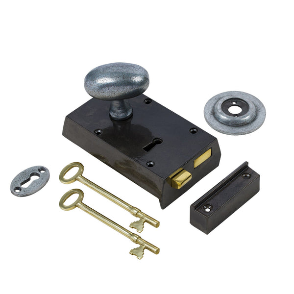  Left Handed Small Cast Iron Rim Lock With Pewter Oval Door Knob Set