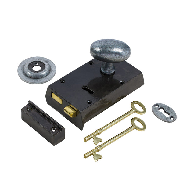  Right Handed Small Cast Iron Rim Lock With Pewter Oval Door Knob Set