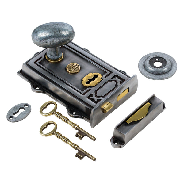  Image of Ornate Iron Rim Lock with Pewter Oval Door Knob Set