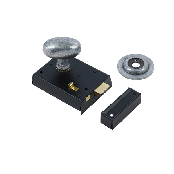  Oval Door Knob Set - Pewter On Black Bathroom Rim Lock