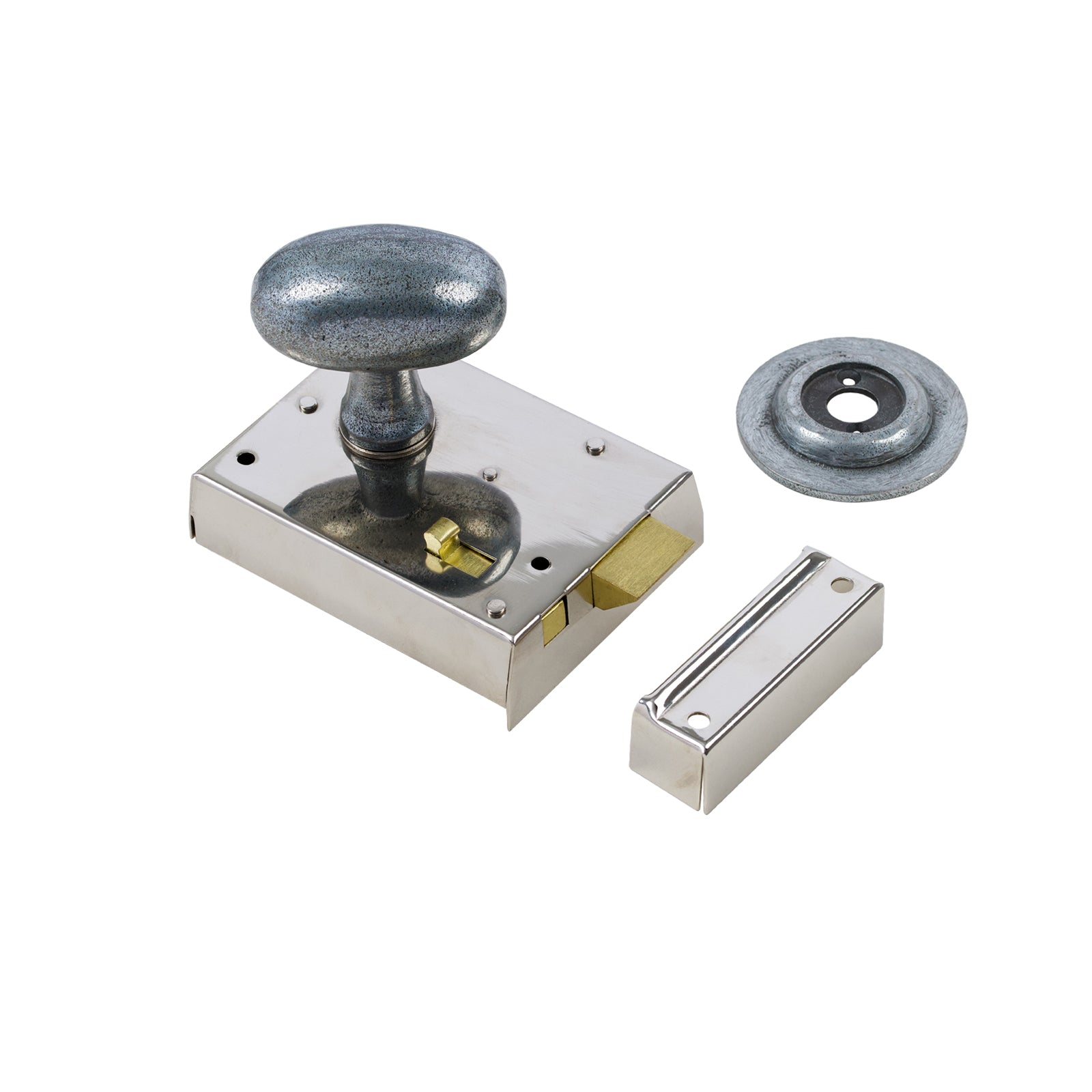 SHOW Oval Door Knob Set - Pewter On Polished Nickel Bathroom Rim Lock