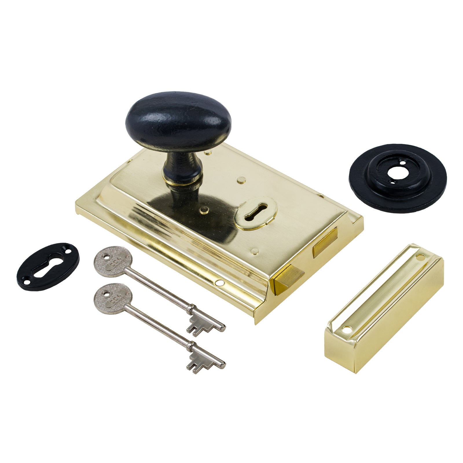 SHOW Oval Door Knob Set - Black On Polished Brass Rim Lock