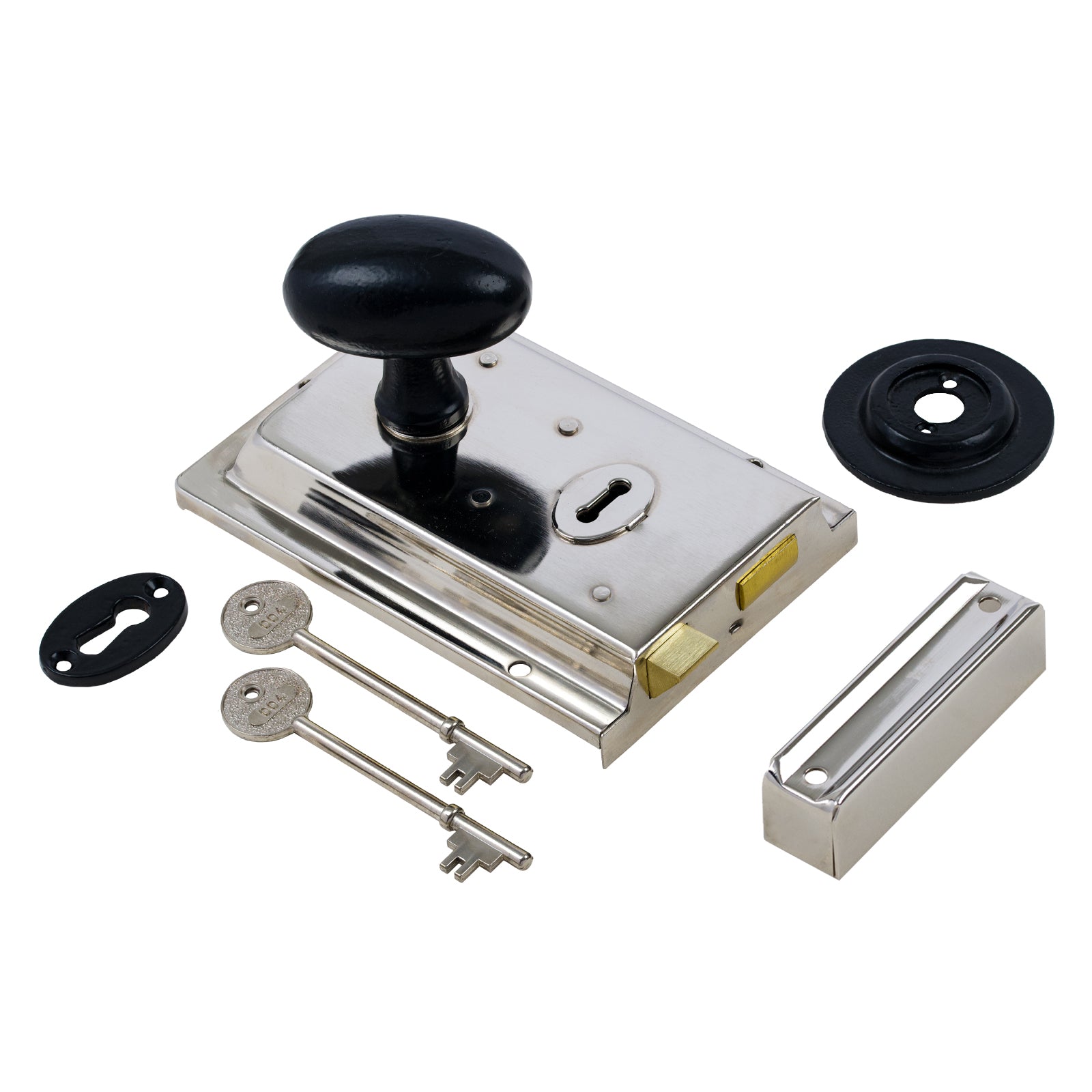 SHOW Oval Door Knob Set - Black On Polished Nickel Rim Lock