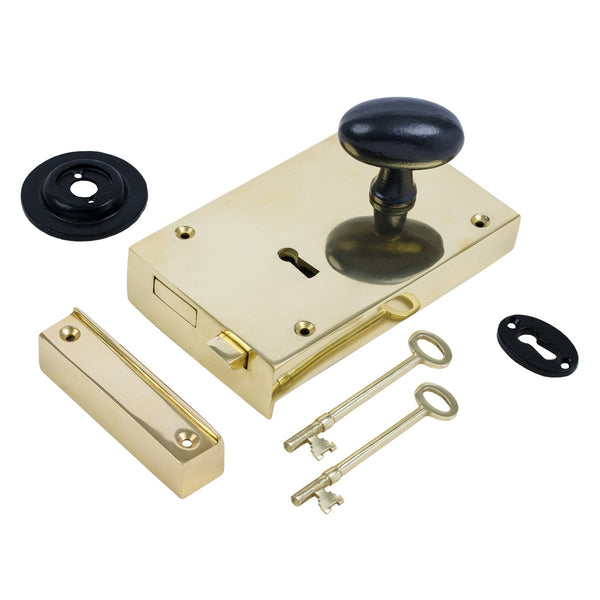  Right Handed Large Brass Rim Lock with Black Oval Door Knob Set