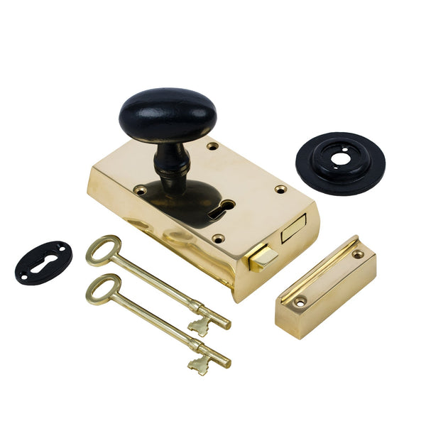  Left Handed Small Brass Rim Lock with Black Oval Door Knob Set