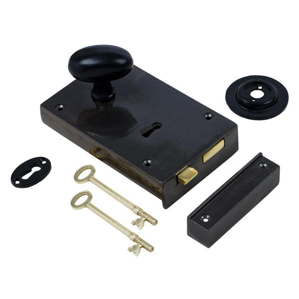  Left Handed Large Cast Iron Rim Lock With Black Oval Door Knob Set