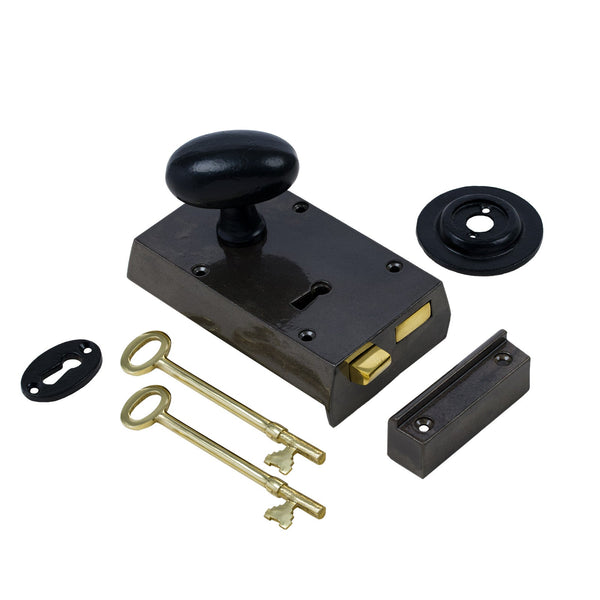  Left Handed Small Cast Iron Rim Lock With Black Oval Door Knob Set