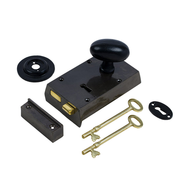  Right Handed Small Cast Iron Rim Lock With Black Oval Door Knob Set