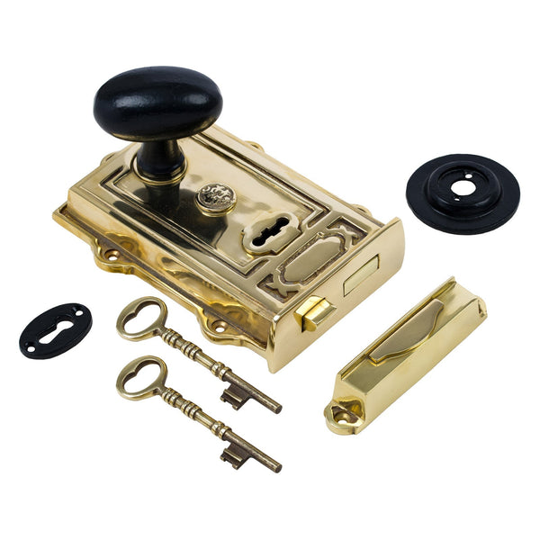  Image of Ornate Brass Rim Lock with Oval Door Knob Set - Black