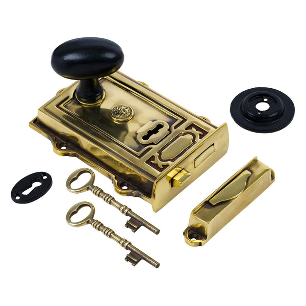  Image of Ornate Antique Brass Rim Lock with Oval Door Knob Set - Black