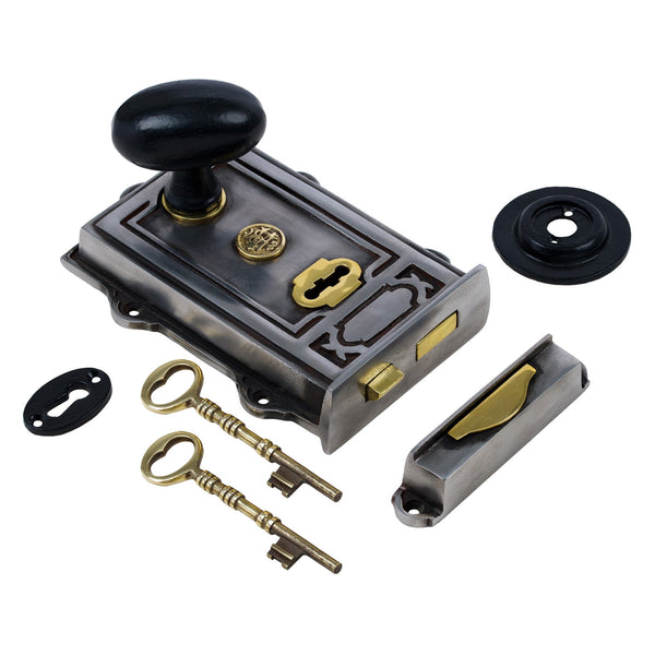  Image of Ornate Iron Rim Lock with Black Oval Door Knob Set