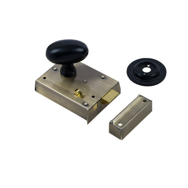  Oval Door Knob Set - Black On Antique Brass Bathroom Rim Lock