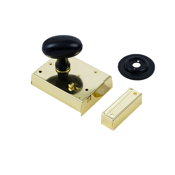  Oval Door Knob Set - Black On Polished Brass Bathroom Rim Lock