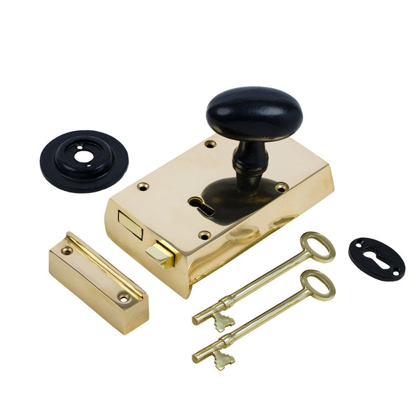  Right Handed Small Brass Rim Lock with Black Oval Door Knob Set
