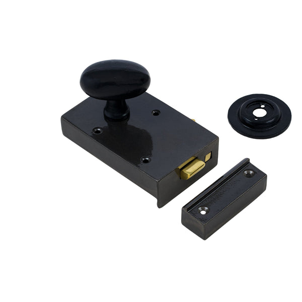  Left Handed Cast Iron Bathroom Rim Lock With Black Oval Door Knob Set
