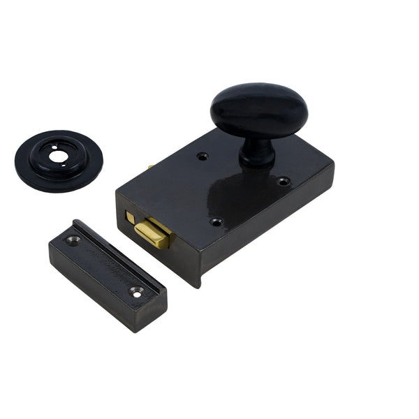  Right Handed Cast Iron Bathroom Rim Lock With Black Oval Door Knob Set