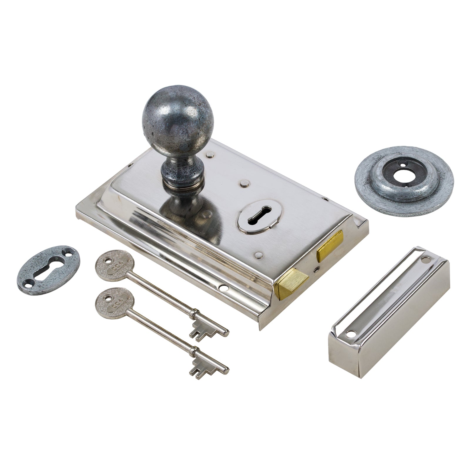 SHOW Round Door Knob Set - Pewter On Polished Nickel Rim Lock