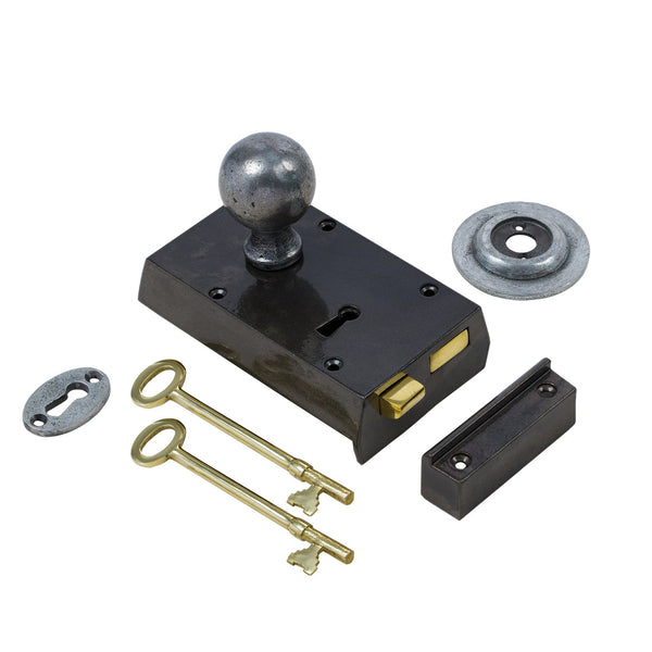  Left Handed Small Cast Iron Rim Lock With Pewter Round Door Knob Set