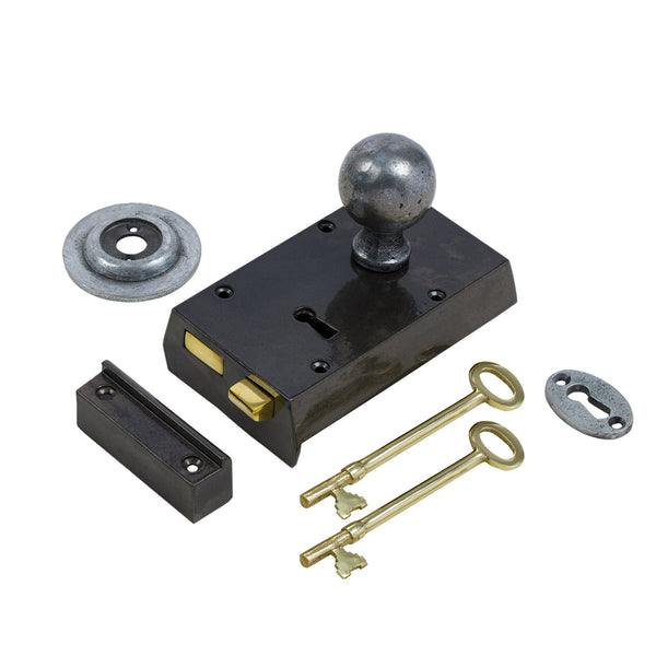  Right Handed Small Cast Iron Rim Lock With Pewter Round Door Knob Set