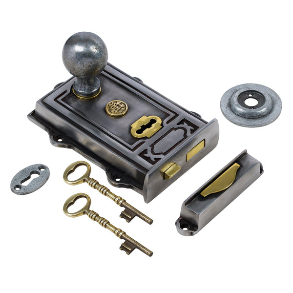  Image of Ornate Iron Rim Lock with Pewter Round Door Knob Set