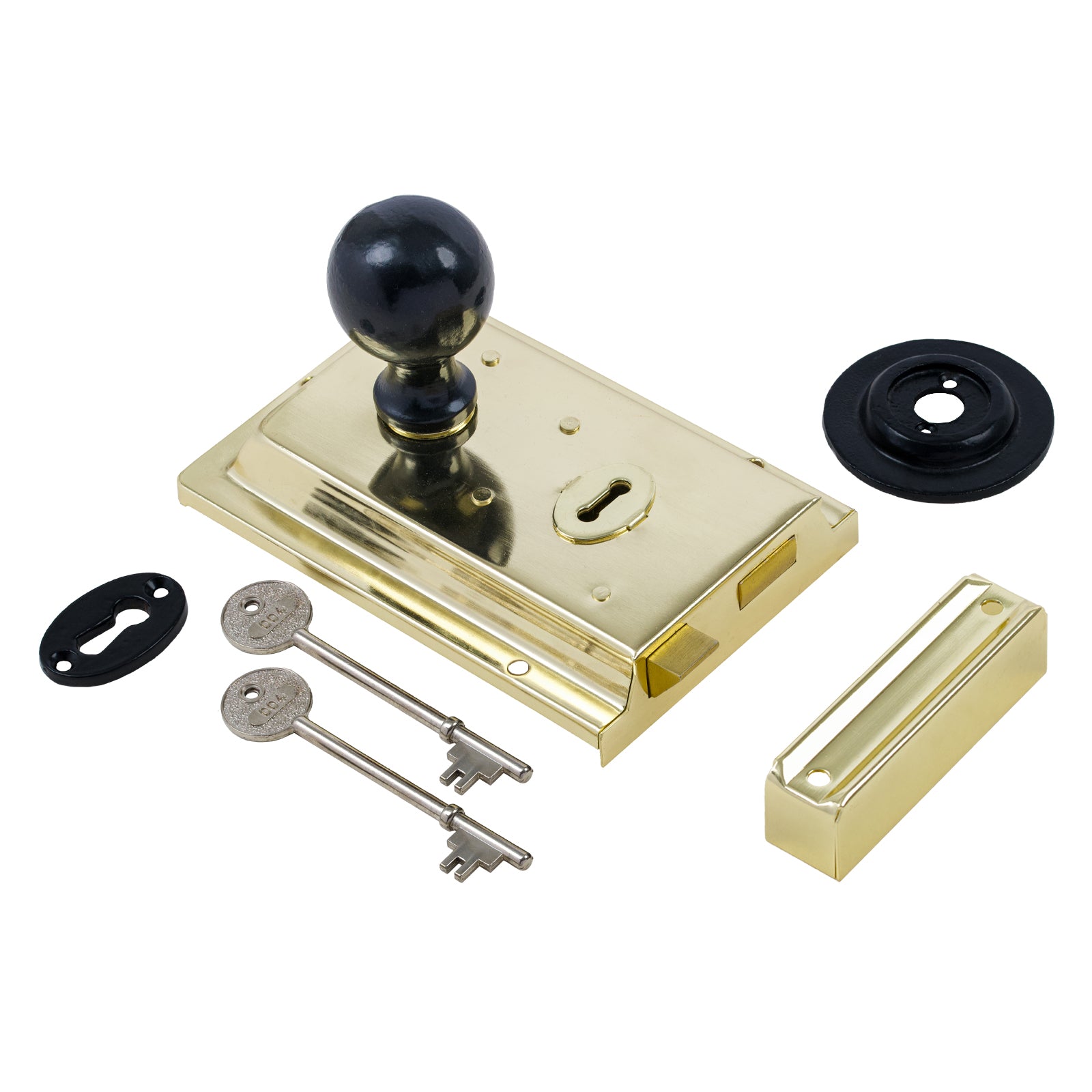SHOW Round Door Knob Set - Black On Polished Brass Rim Lock