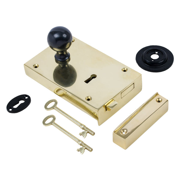  Left Handed Large Brass Rim Lock with Black Round Door Knob Set